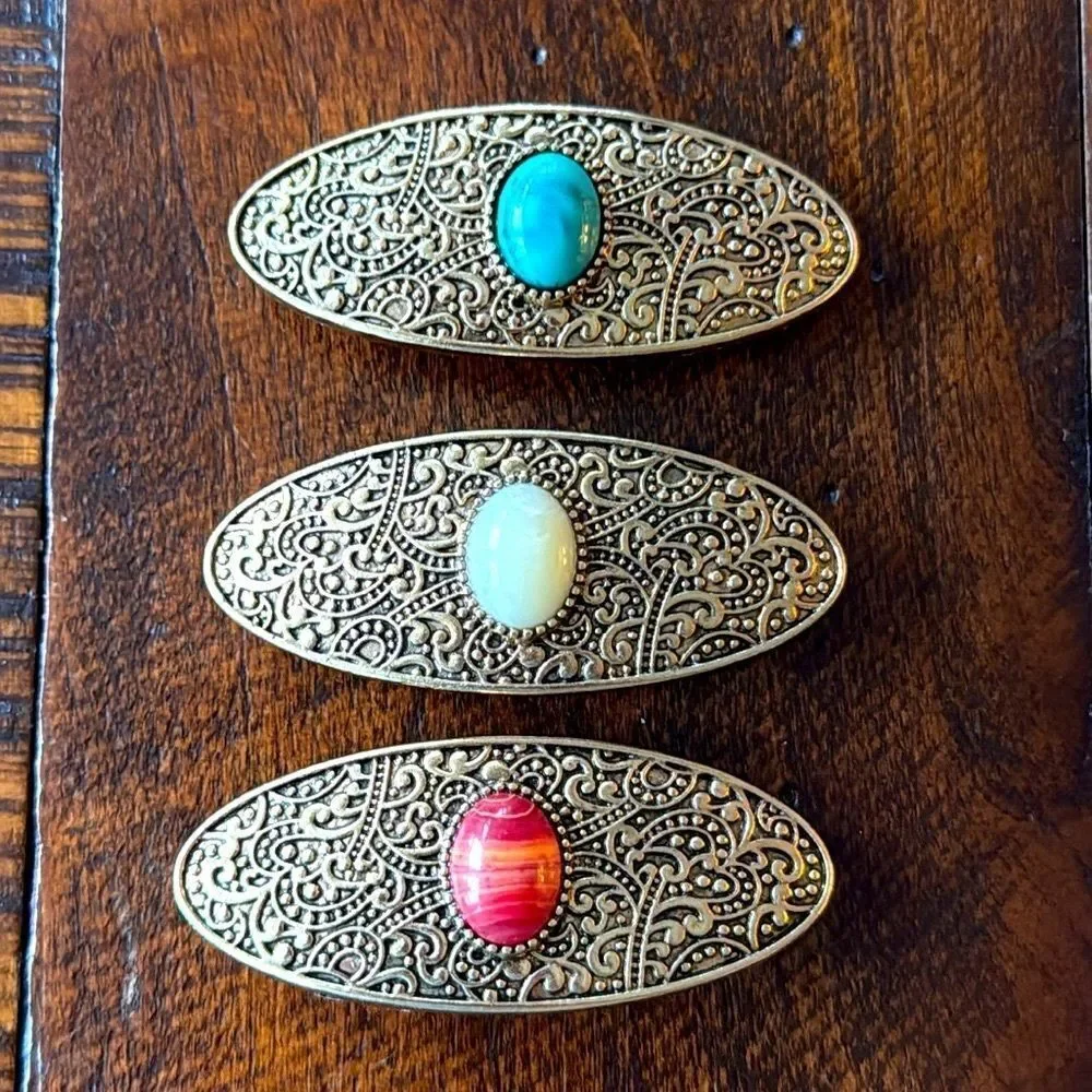 Jeweled French Barrette Set – Simulated Gemstone Inlay: Turquoise, Coral & Opal